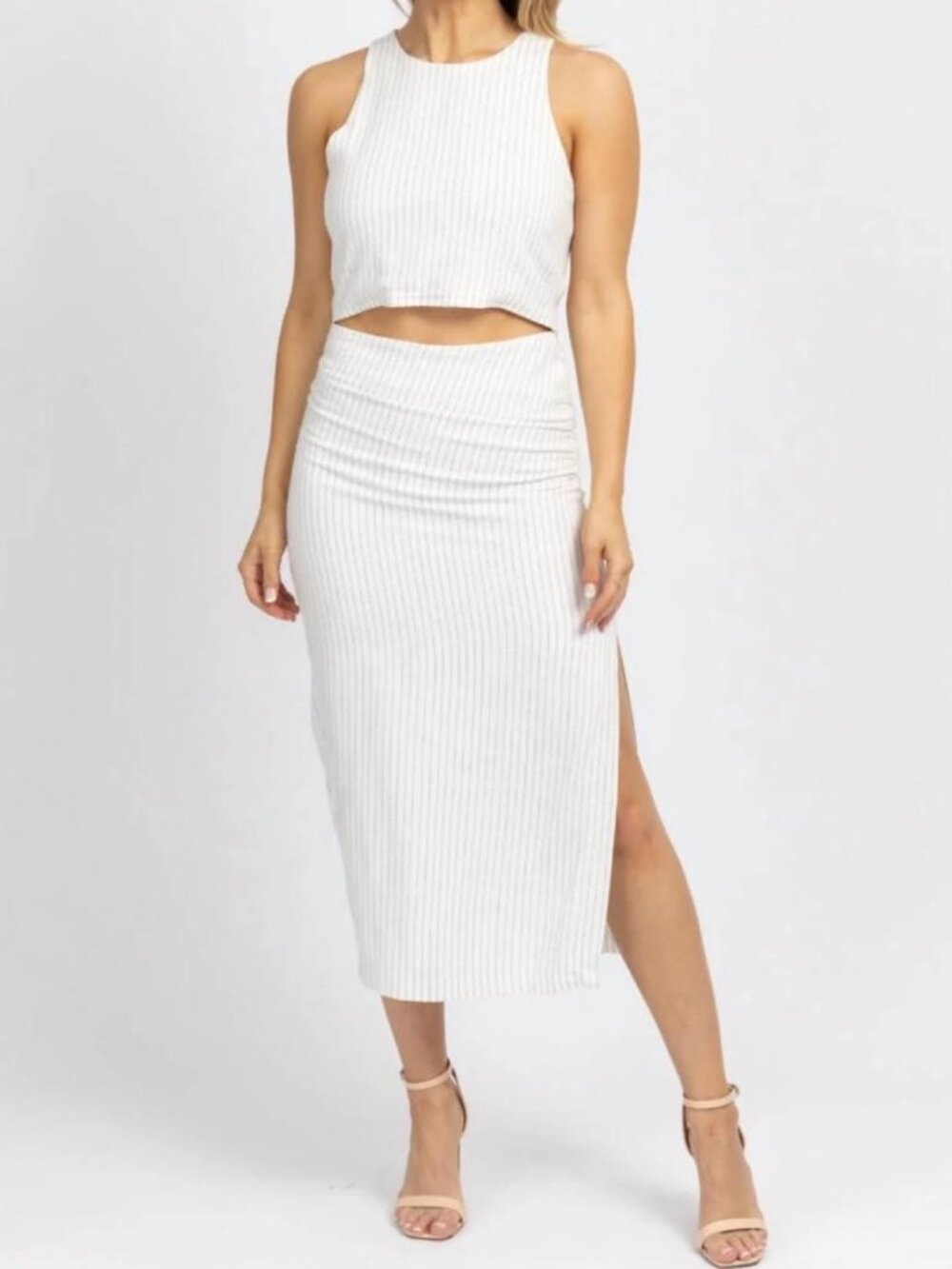 Miou Muse / VICI Linen Pinstripe Midi Skirt and Top SET in Oatmeal NWT